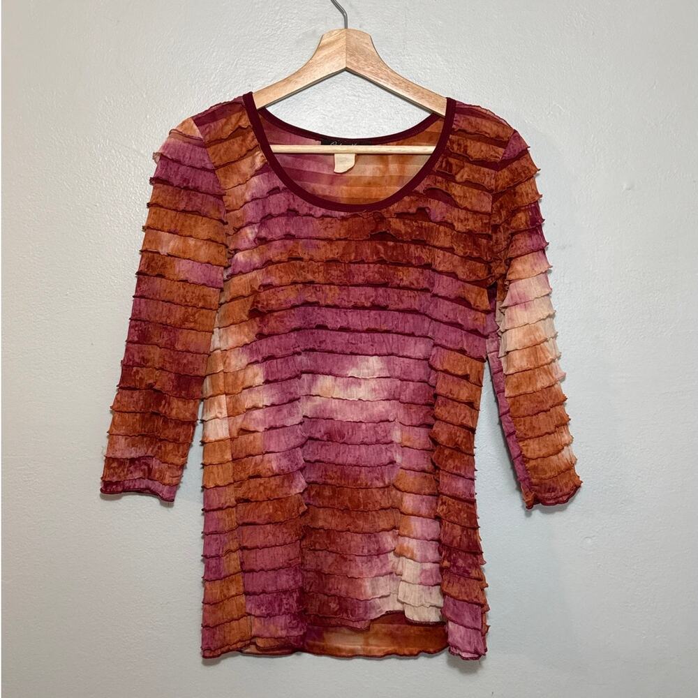 Women's Size L Only Nine Y2K Vintage 3/4 Sleeve Pink Orange Tie Dye Ruffle Top